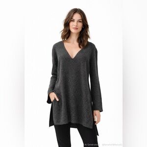 Helmut Lang M Charcoal Wool Cashmere V-Neck Tunic Sweater